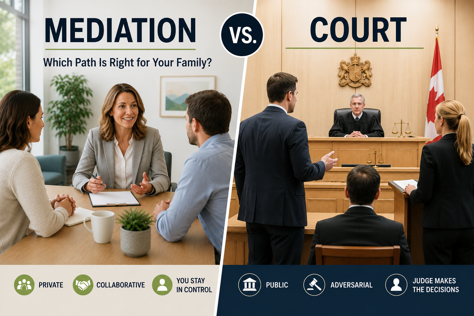 Mediation vs court in Ontario showing a couple in family mediation and a courtroom with a judge