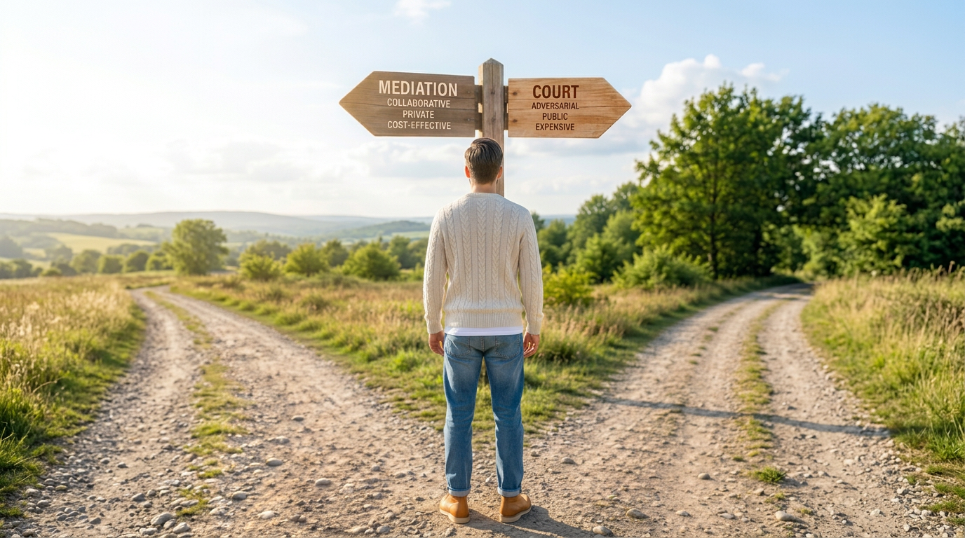 Person choosing between mediation and court during separation